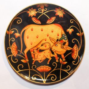 Wooden Round Plate with Cow and Calf Painting