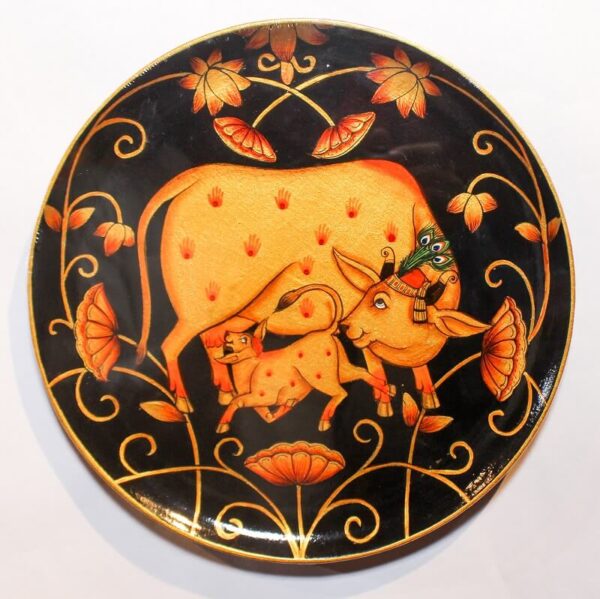 Wooden Round Plate with Cow and Calf Painting